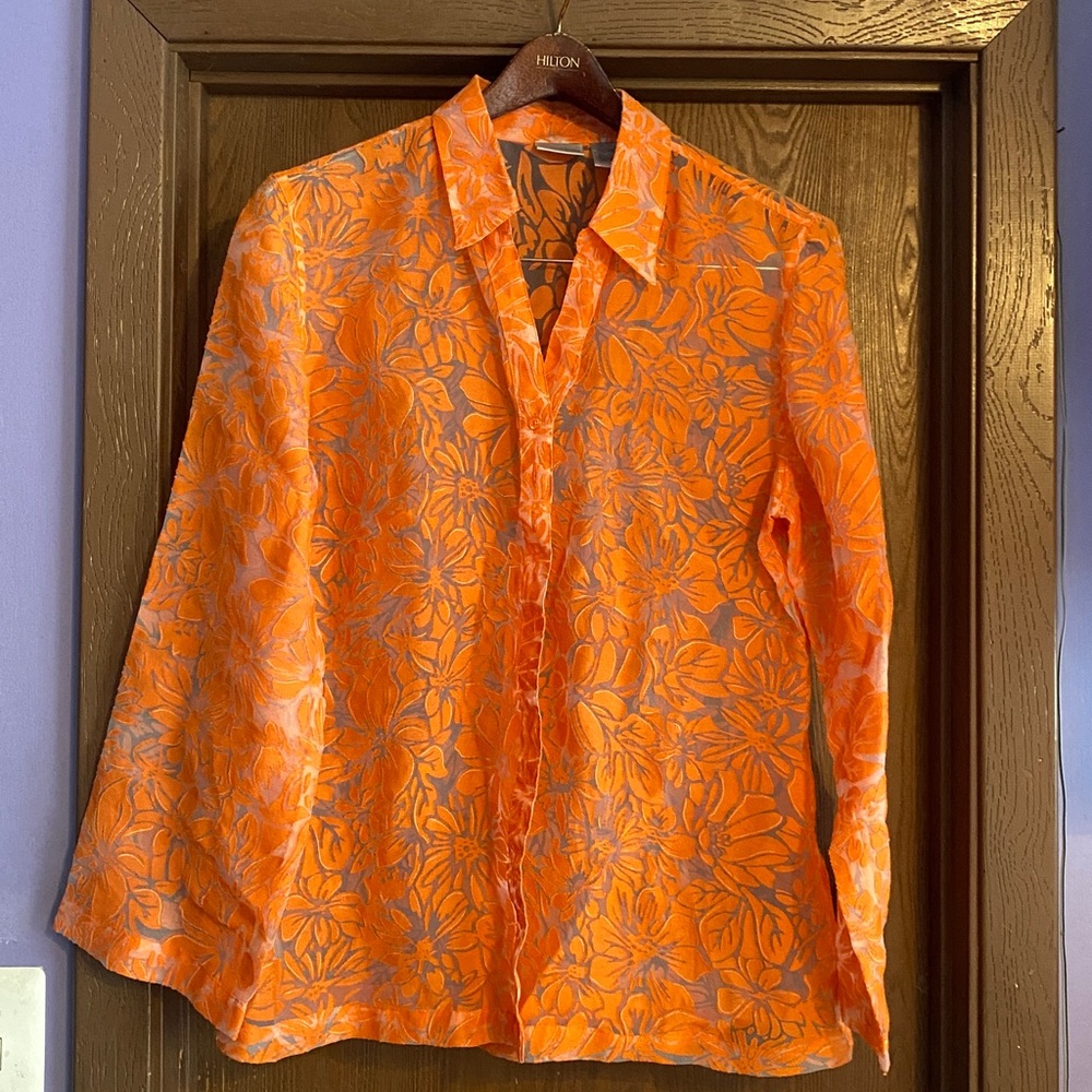 Chico's Button Front Blouse Floral Lace Flared Sleeve sheer Orange Size L